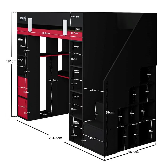 Dimensions diagram: Recoil Blaze Gaming High Sleeper