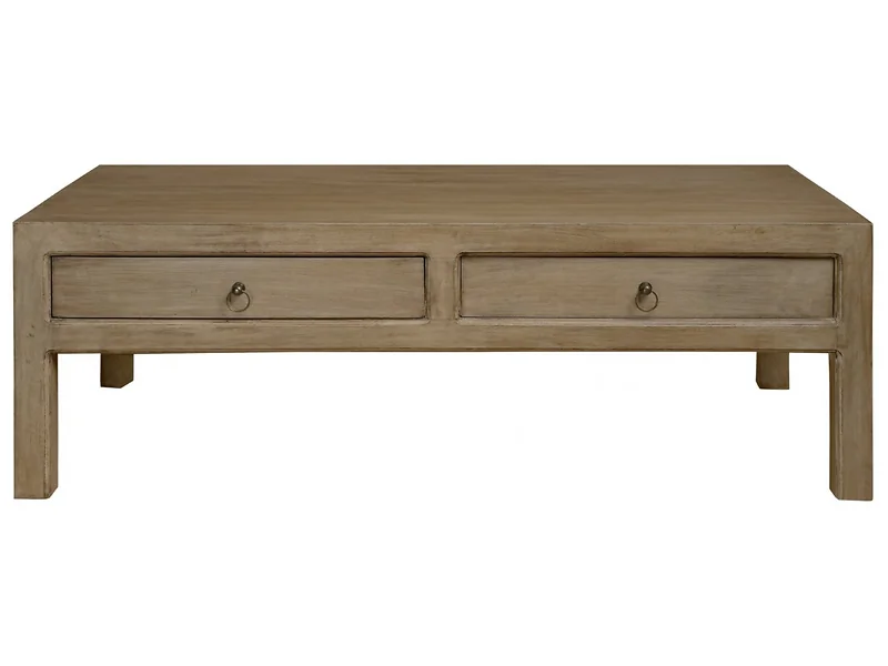 Kyoto Brodie rectangular solid wood coffee table with drawer storage  brass-style handles and a warm natural finish.