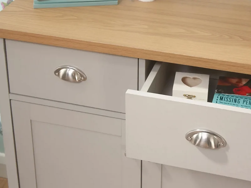 Small grey sideboard with two drawers and cupboard storage