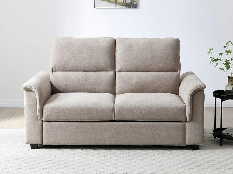 Kyoto Beckett sofa bed in Grey chenille with curved armrests and seam detailing on the backrest