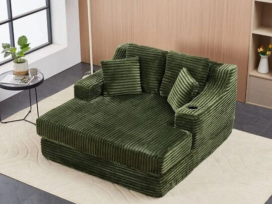 Living & Home Corduroy Chaise Lounge Sofa Bed with Cup Holder & Cushions Fabric