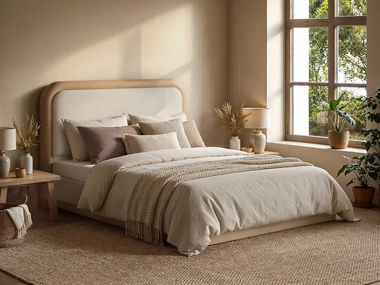 SOLACE+CO Gabriela Wooden Bed Cream Chenille