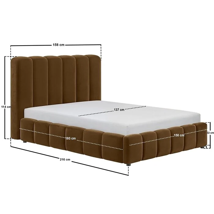 Dimensions diagram: SOLACE+CO Emilie Ribbed Ottoman Bed Brown Velvet