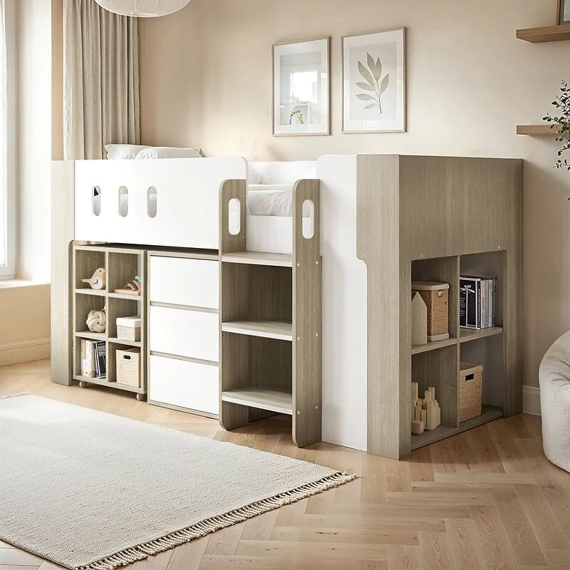 Flair Willow Mid Sleeper with Desk & Storage White & Oak