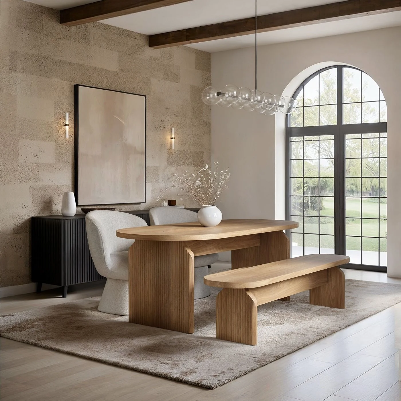 SOLACE+CO Varm Ribbed Dining Table with Bench & Aiko Chairs Set image 2