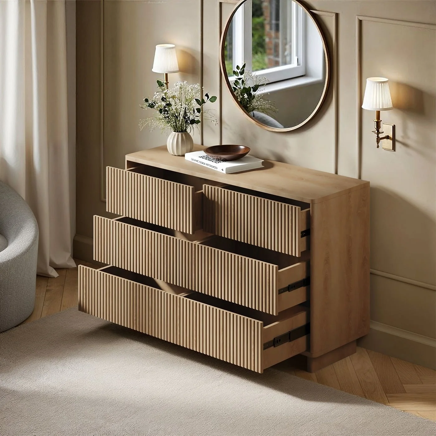 SOLACE+CO Velmor Ribbed Chest of 6 Drawers Oak image 3