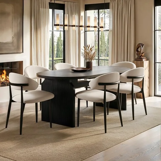 SOLACE+CO Varm & Cyra 4 to 8 Seater Black Extending Dining Table Set with Beige Chenille Chairs