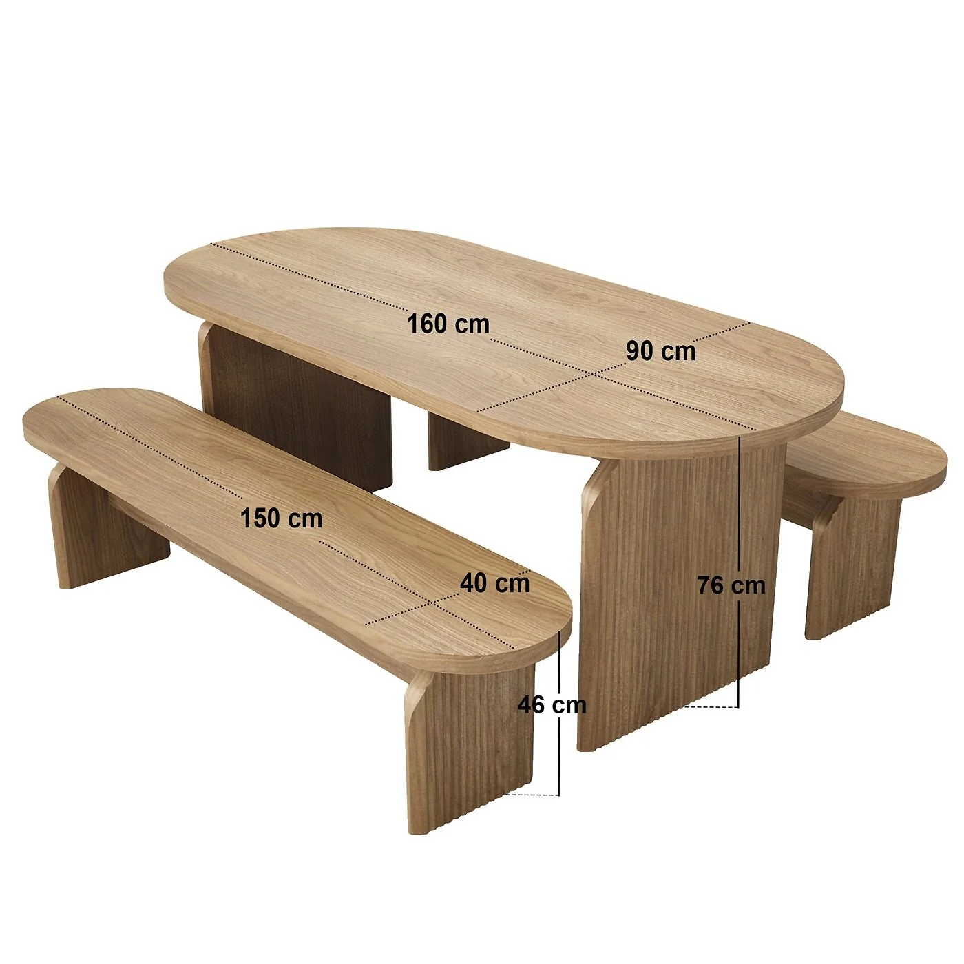 SOLACE+CO Varm Ribbed Oval Dining Table & 2 Bench Set Oak image 7