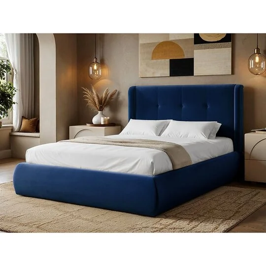 Solace+Co Monte Midnight Velvet Winged Button Headboard Ottoman Bed